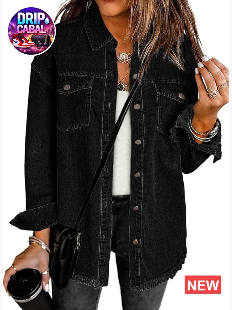 Oversized Denim Jacket Button Down Jean Shacket Long Sleeve Frayed Hem Western